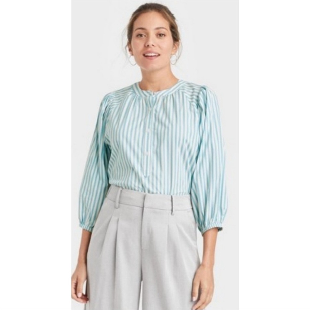 A New Day Balloon sleeve Striped Blue & White blouse top Size Medium